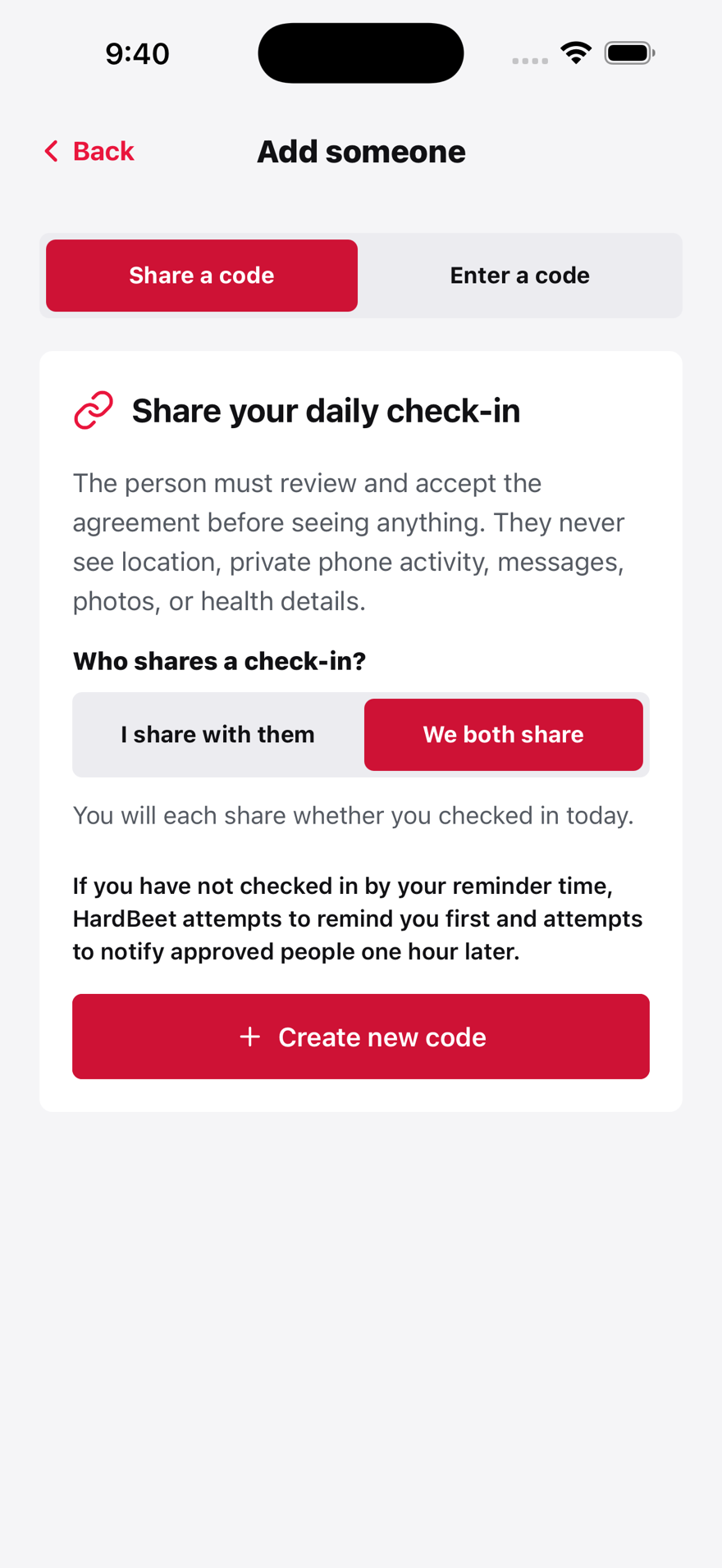 HardBeet Add someone screen with one-way and mutual daily check-in sharing choices