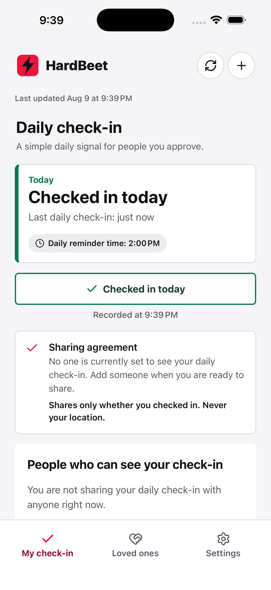 HardBeet My check-in screen showing a completed daily check-in and its recorded time